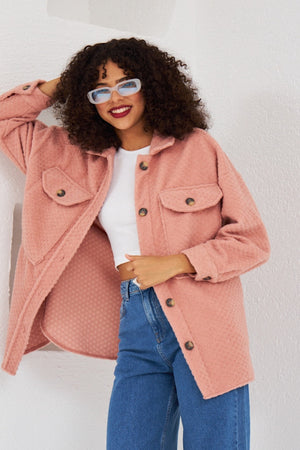 Kadın Standart Beden Çift Cepli Oversize Kesim Kaşe Ceket Gömlek - Pudra