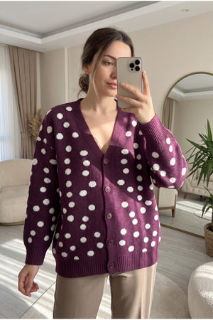 Puantiyeli Oversize Triko Hırka Standart Beden - Mürdüm