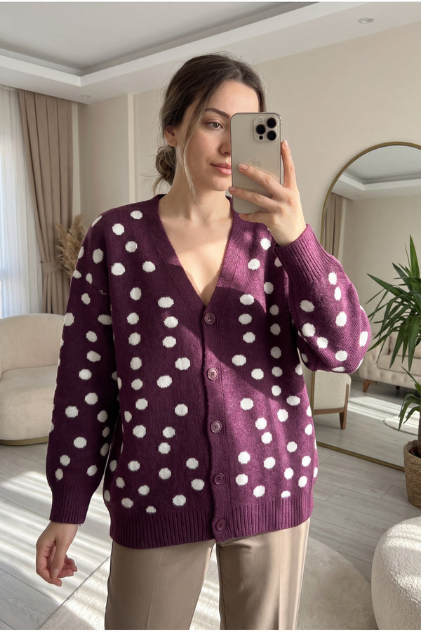 Puantiyeli Oversize Triko Hırka Standart Beden - Mürdüm