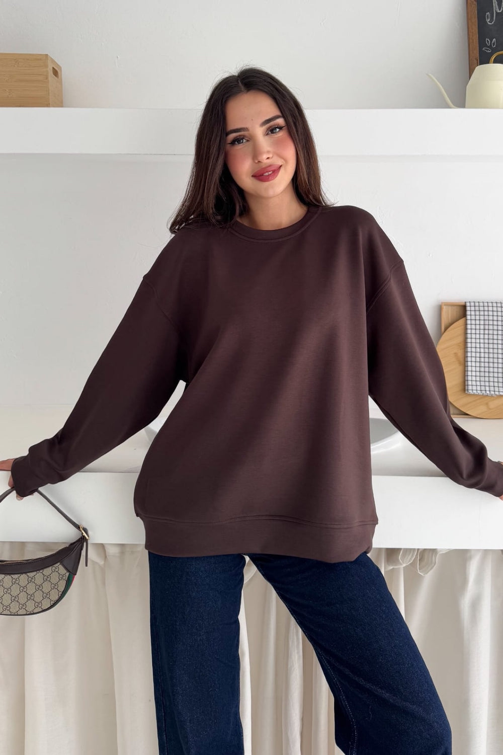 Modal Kumaş Basic Sweatshirt - Kahverengi