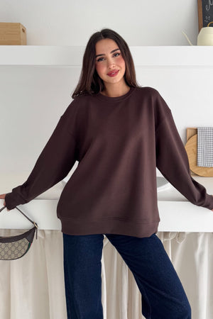 Modal Kumaş Basic Sweatshirt - Kahverengi