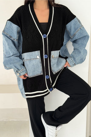 Oversize Jean Cep Ve Kol Detaylı Örme Triko Hırka - Siyah