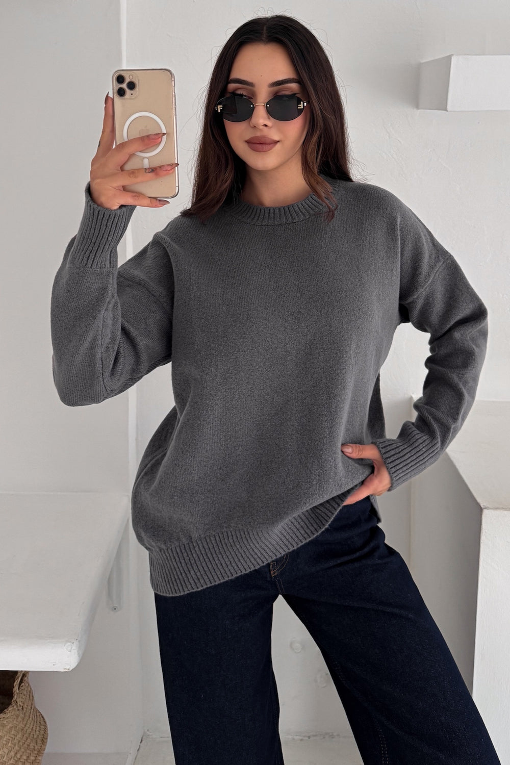 Kadın Standart Beden Oversize Basic Triko Kazak - Füme