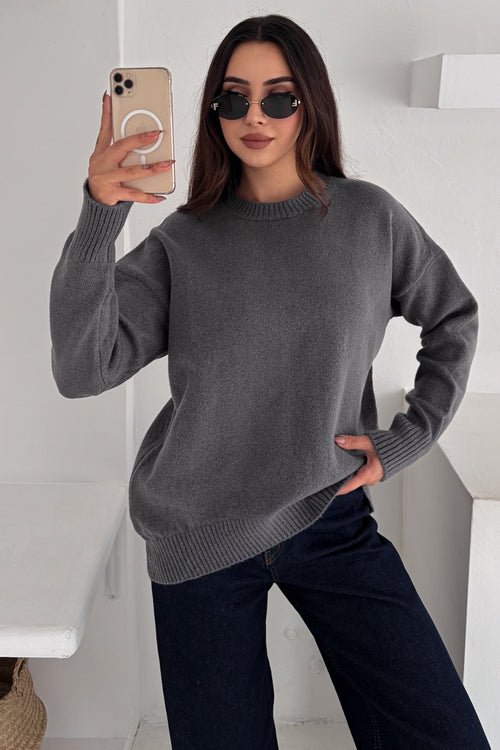 Kadın Standart Beden Oversize Basic Triko Kazak - Füme