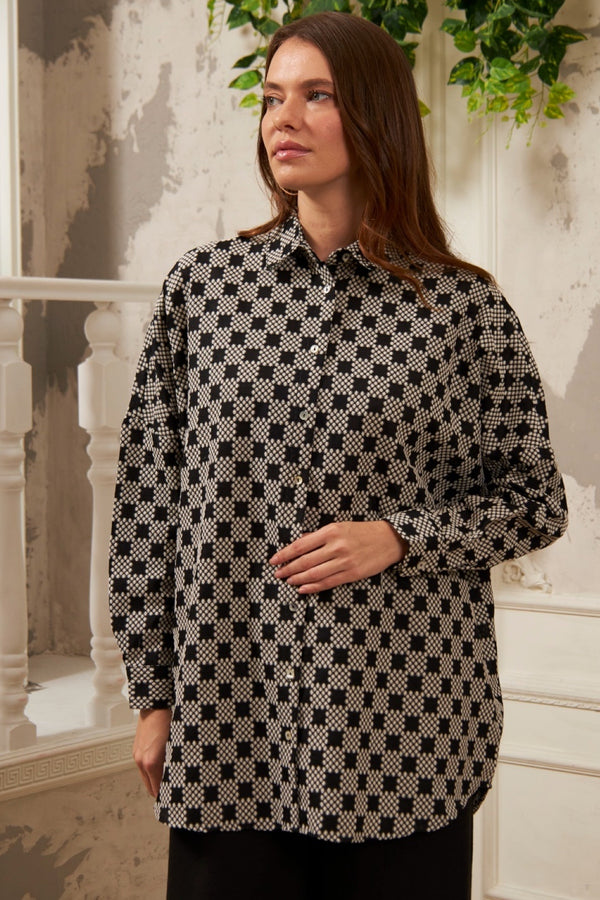 Geometrik Desenli Oversize Büyük Beden Ve Tesettüre Uygun Gömlek - Siyah
