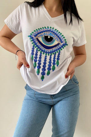Kadın V Yaka Göz Pul Ve Nakış Işlemeli %100 Pamuk T-shirt - Beyaz