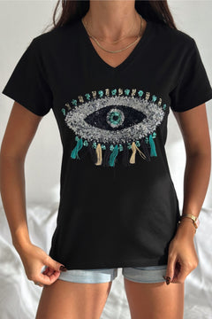 Kadın V Yaka Göz Desen Pul Payet İşlemeli Püsküllü %100 Pamuk T-Shirt - Siyah