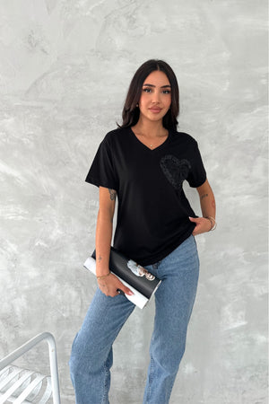 Kadın V Yaka Boncuk Ve Pul İşlemeli Kurdela Desen %100 Pamuk T-shirt - Siyah