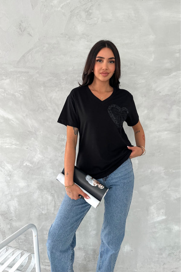 Kadın V Yaka Boncuk Ve Pul İşlemeli Kurdela Desen %100 Pamuk T-shirt - Siyah
