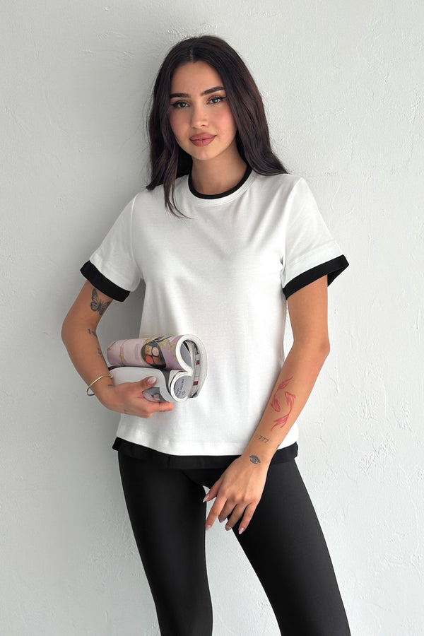 Kadın Yuvarlak Yaka Şerit Detaylı %100 Pamuk T-shirt - Beyaz