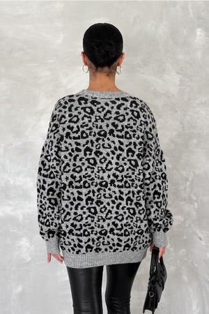 Kadın Leopar Desen Oversize Triko Hırka - Gri
