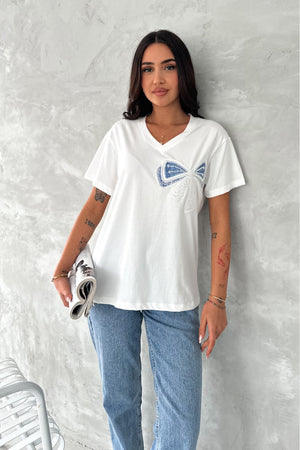 Kadın Dikme Boncuk Ve Pul İşlemeli Fiyonk Detaylı %100 Pamuk T-shirt - Beyaz