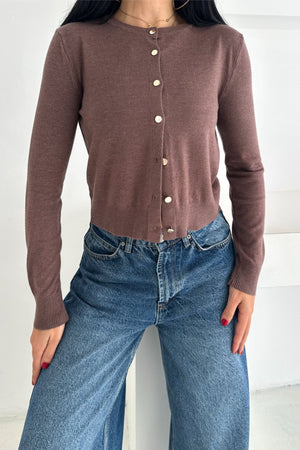 Kadın Düğmeli İnce Triko Hırka Standart Beden Basic Model Yumuşak Dokulu - Kahverengi