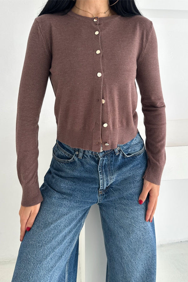 Kadın Düğmeli İnce Triko Hırka Standart Beden Basic Model Yumuşak Dokulu - Kahverengi