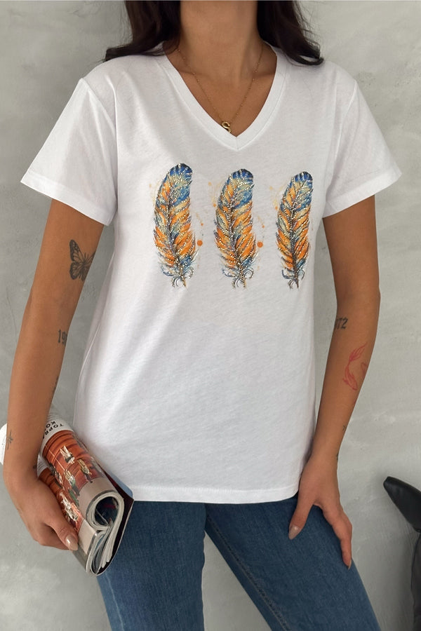 Kadın V Yaka 3 Tüy Pul Payet İşlemeli %100 Pamuk T-Shirt - Beyaz