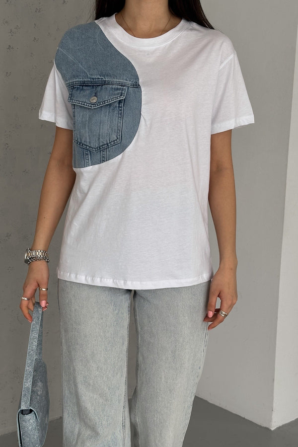 Kadın Denim Kot Detaylı Cepli Tasarım Pamuklu Tişört - Beyaz