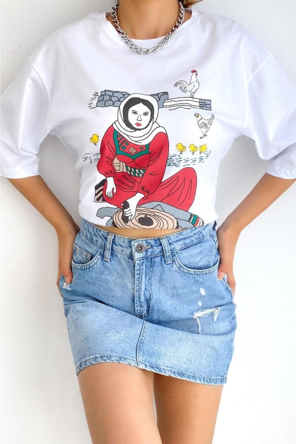 Kadın Yeni Sezon Baskılı Pamuk T-shirt - Beyaz