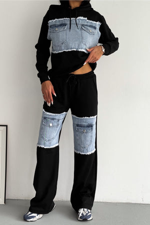 Denim Kot Garnili Cep Detaylı Kapüşonlu Alt-Üst Takım - Siyah