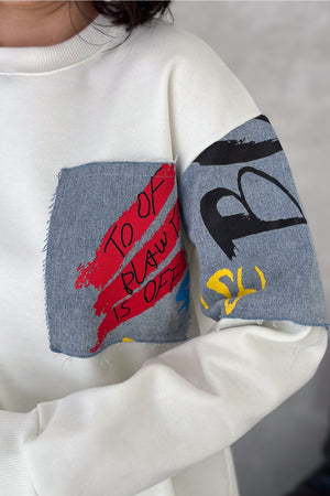 Kadın Kot Detaylı İçi Pamuklu Sweatshirt - Beyaz