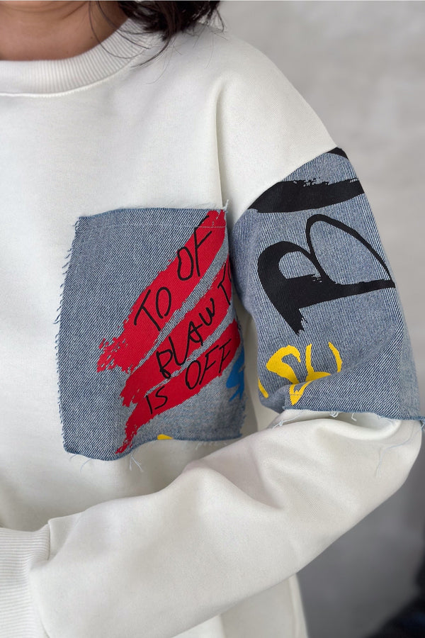 Kadın Kot Detaylı İçi Pamuklu Sweatshirt - Beyaz
