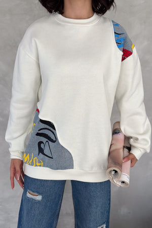 Kadın Şardonlu Tasarım Kot Detaylı Sweatshirt - Beyaz