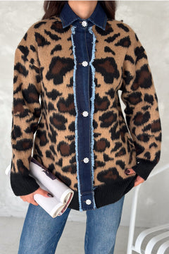 Kadın Desen Standart Beden Kot Detaylı Taş Düğmeli Tasarım Oversize Triko Hırka - Leopar