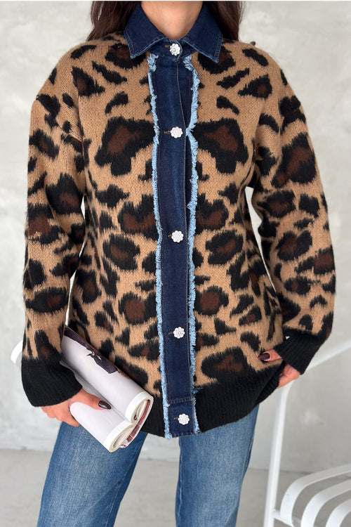 Kadın Desen Standart Beden Kot Detaylı Taş Düğmeli Tasarım Oversize Triko Hırka - Leopar