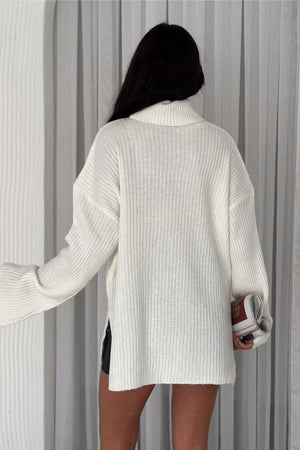 Kadın Standart Beden Basic Boğazlı Oversize Triko Kazak - Ekru