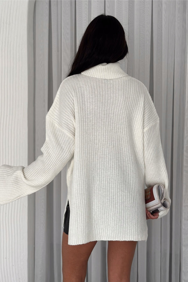 Kadın Standart Beden Basic Boğazlı Oversize Triko Kazak - Ekru