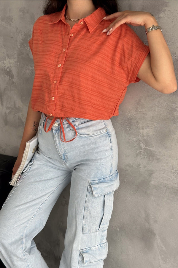 Kadın Kısa Kol Beli Büzgülü Crop Gömlek - Turuncu