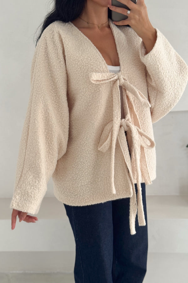 Bürümcük Bağlamalı Oversize Hırka Yarasa Kol Standart Beden - Krem