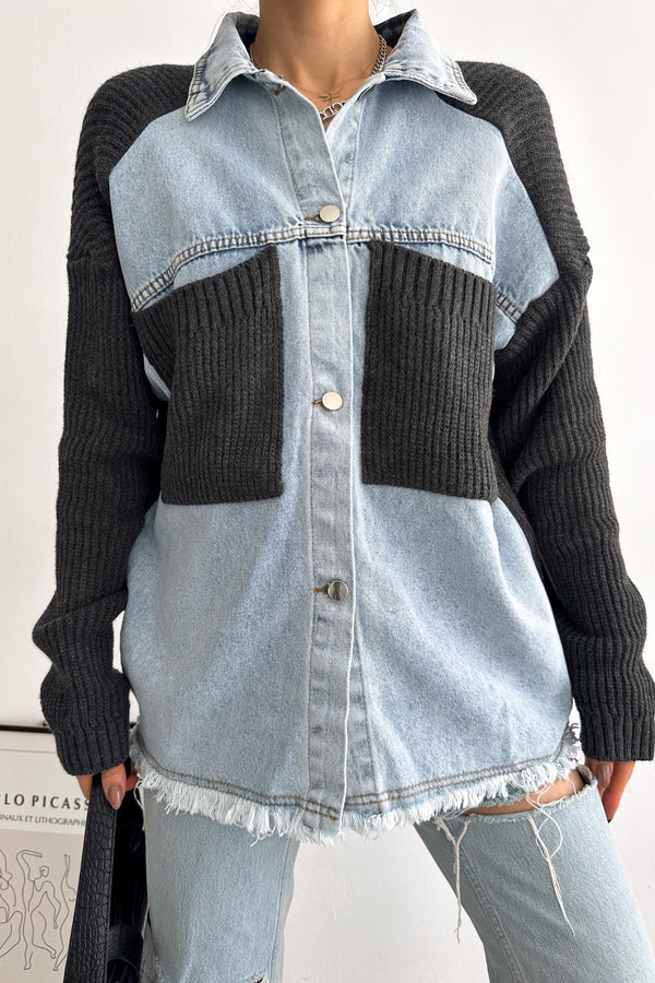 Kadın Kolları Ve Cebi Trikolu Oversize Denim Kot Garnili Hırka - Antrasit