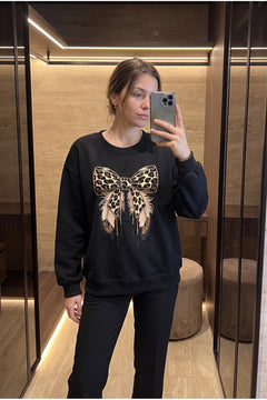 %100 Pamuk Boncuk İşlemeli Fiyonk Desenli Sweatshirt - Siyah