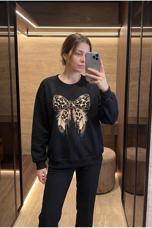 %100 Pamuk Boncuk İşlemeli Fiyonk Desenli Sweatshirt - Siyah
