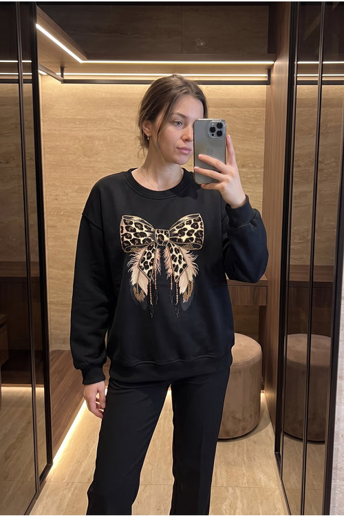 %100 Pamuk Boncuk İşlemeli Fiyonk Desenli Sweatshirt - Siyah