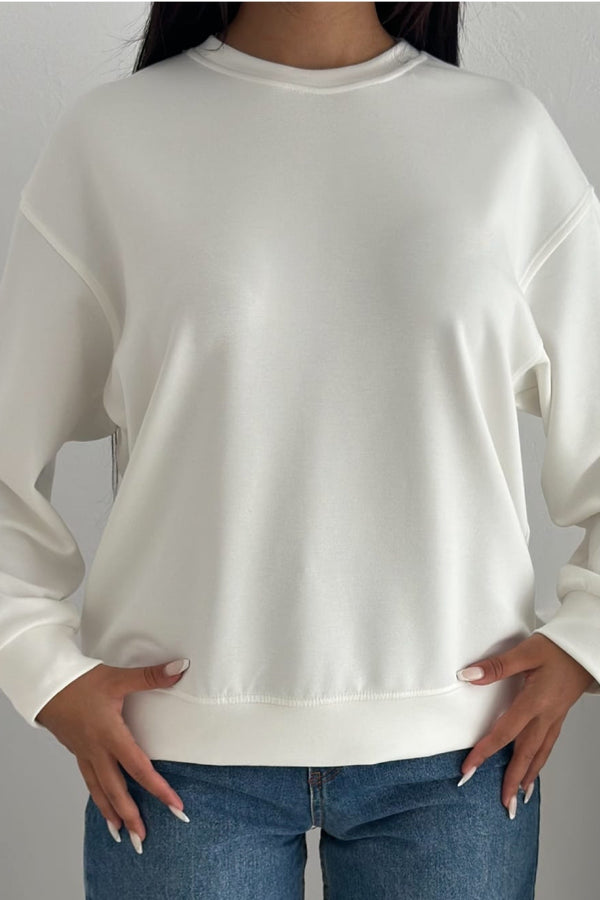 Modal Kumaş Basic Sweatshirt - Beyaz