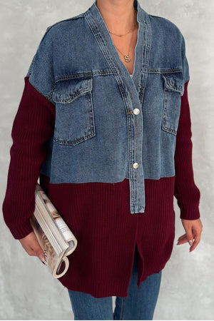 Kadın Triko Detaylı Tasarım Oversize Kot Ceket - Bordo