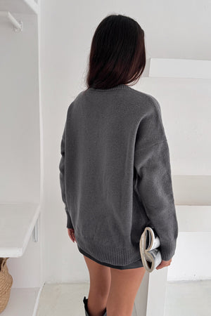 Kadın V Yaka Standart Beden Oversize Basic Triko Kazak - Gri