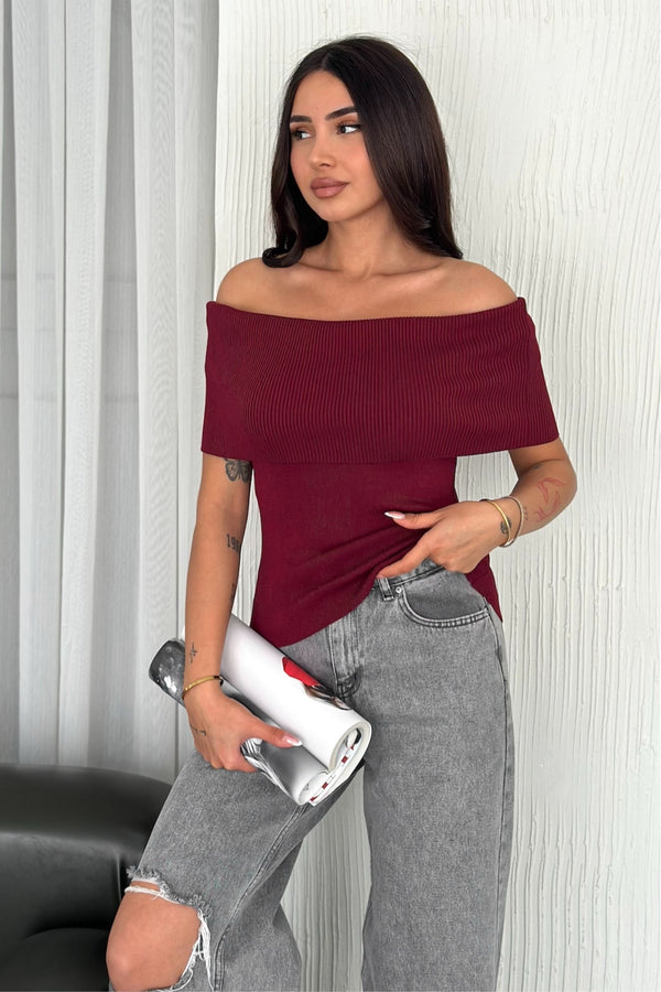 Kadın Standart Beden Madonna Pamuklu İnce Triko Bluz - Bordo