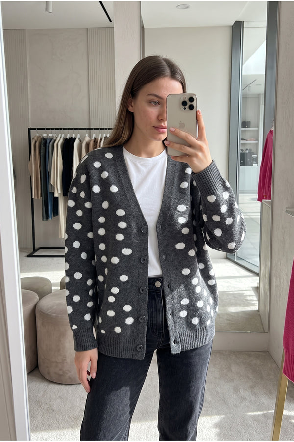 Antrasit Puantiyeli Oversize Triko Hırka Standart Beden - Gri