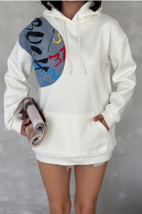 Kadın Kot Detaylı İçi Pamuklu Kapüşonlu Sweatshirt - Beyaz