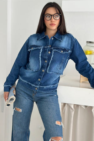Kadın Saçaklı Dikiş Detaylı Oversize Denim Kot Ceket - Mavi