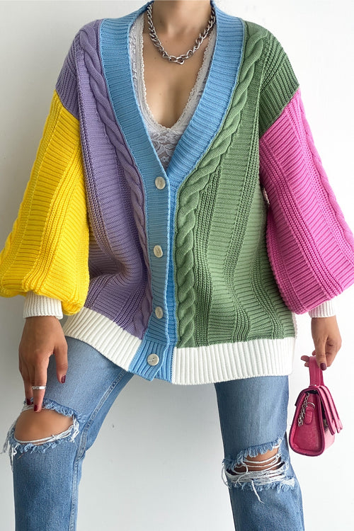 Kadın Oversize Triko Hırka Çok Renkli Salaş Blok Desenli - Sarı