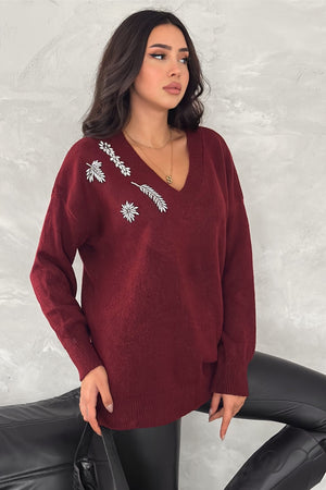 Kadın Standart Beden Taş İşlemeli Oversize Triko Kazak - Bordo