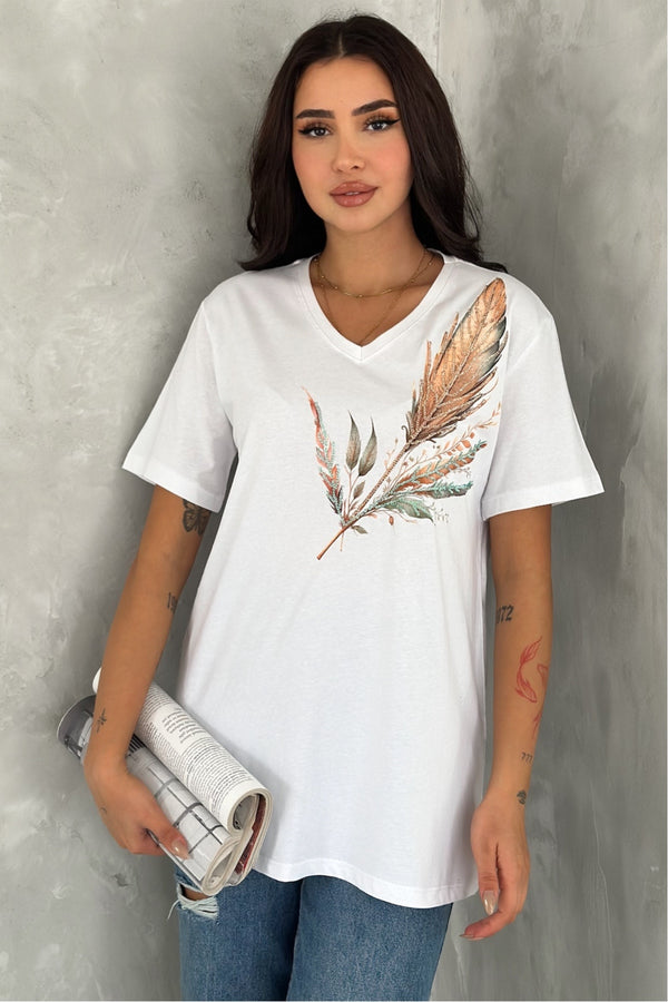 Kadın V Yaka Büyük Beden Yaprak Desen Pul Payet İşlemeli %100 Pamuk Büyük Beden Tişört - Beyaz