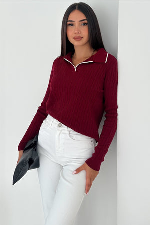 Kadın Polo Yaka Standart Beden Triko Bluz - Bordo
