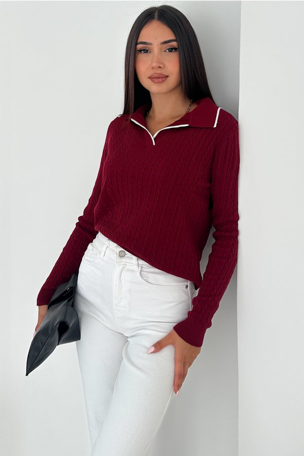 Kadın Polo Yaka Standart Beden Triko Bluz - Bordo