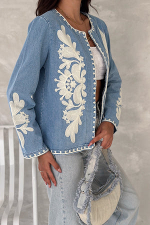 Kadın Mavi Vintage Nakışlı Kot Denim Ceket - Lacivert