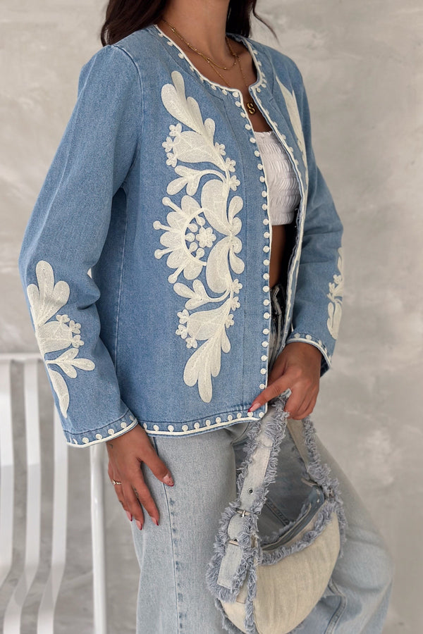 Kadın Mavi Vintage Nakışlı Kot Denim Ceket - Lacivert