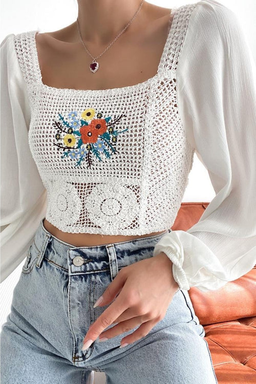 Kadın Kare Yaka Balon Kol Çiçek Nakış Işlemeli Dantel Crop Bluz - Beyaz
